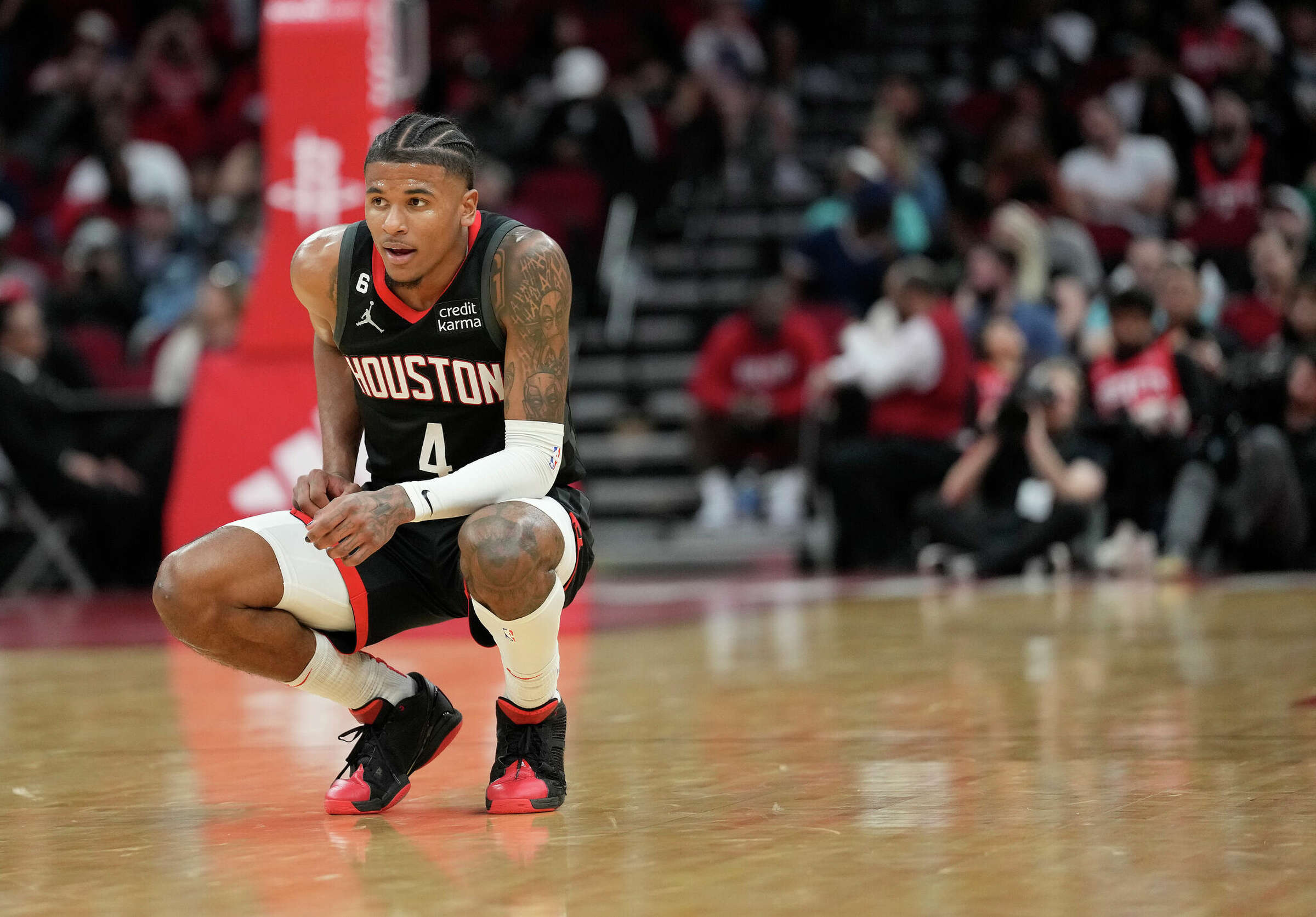 Houston Rockets guard Jalen Green (4) takes a moment as the Charlotte Hornets took a free throw during the second half of a NBA basketball game at Toyota Center on Wednesday, Jan. 18, 2023 in Houston.