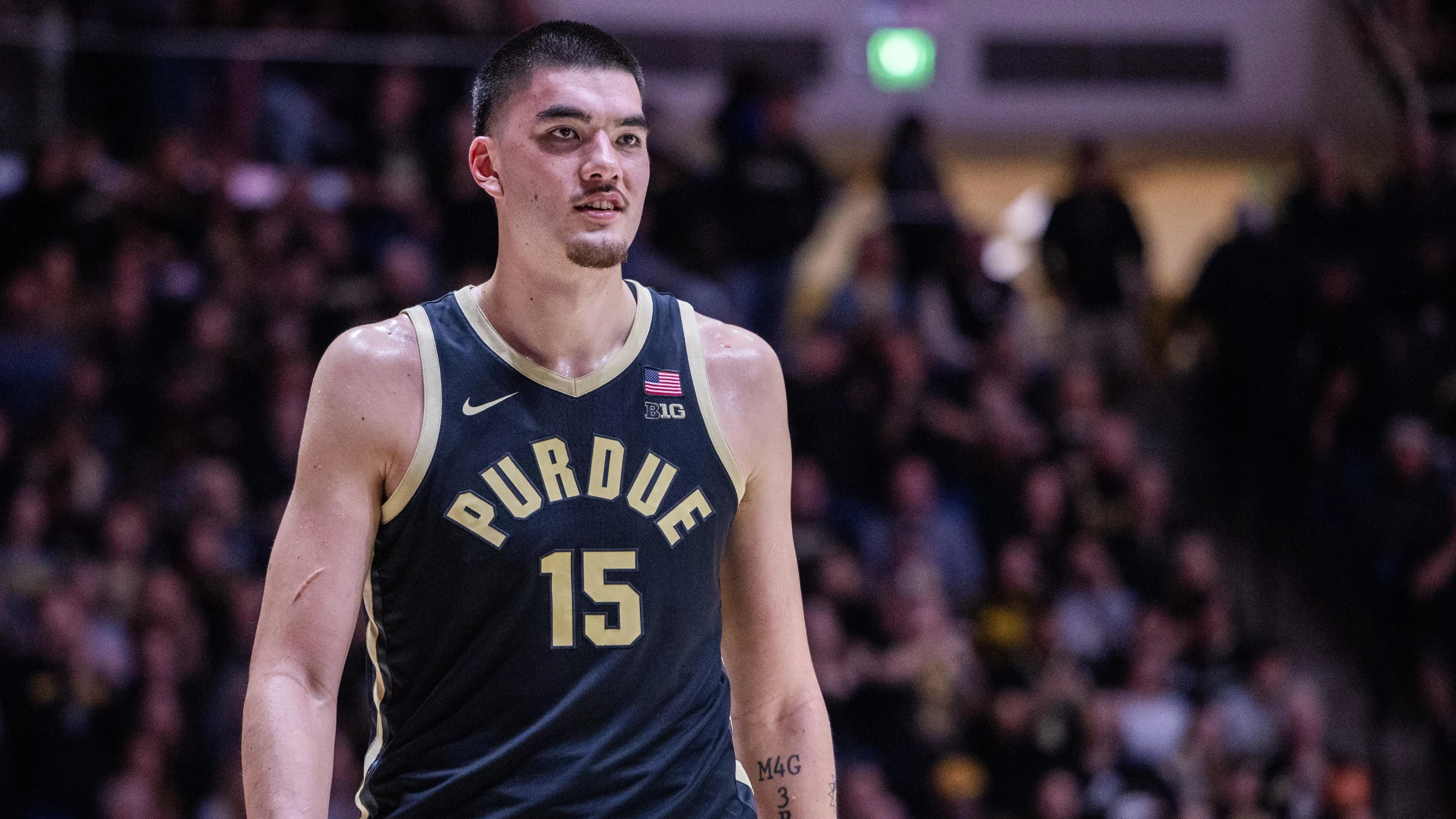 Zach Edey wearing a Purdue Boilermaker jersey. Trevor Ruszkowski-USA TODAY Sports