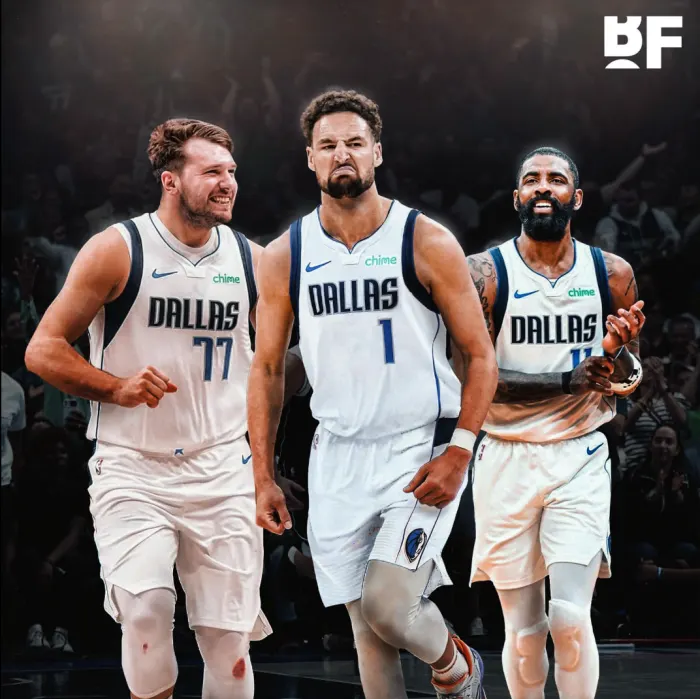 Luka Doncic, Kyrie Irving and Klay Thompson wearing Dallas Maverick jersey
