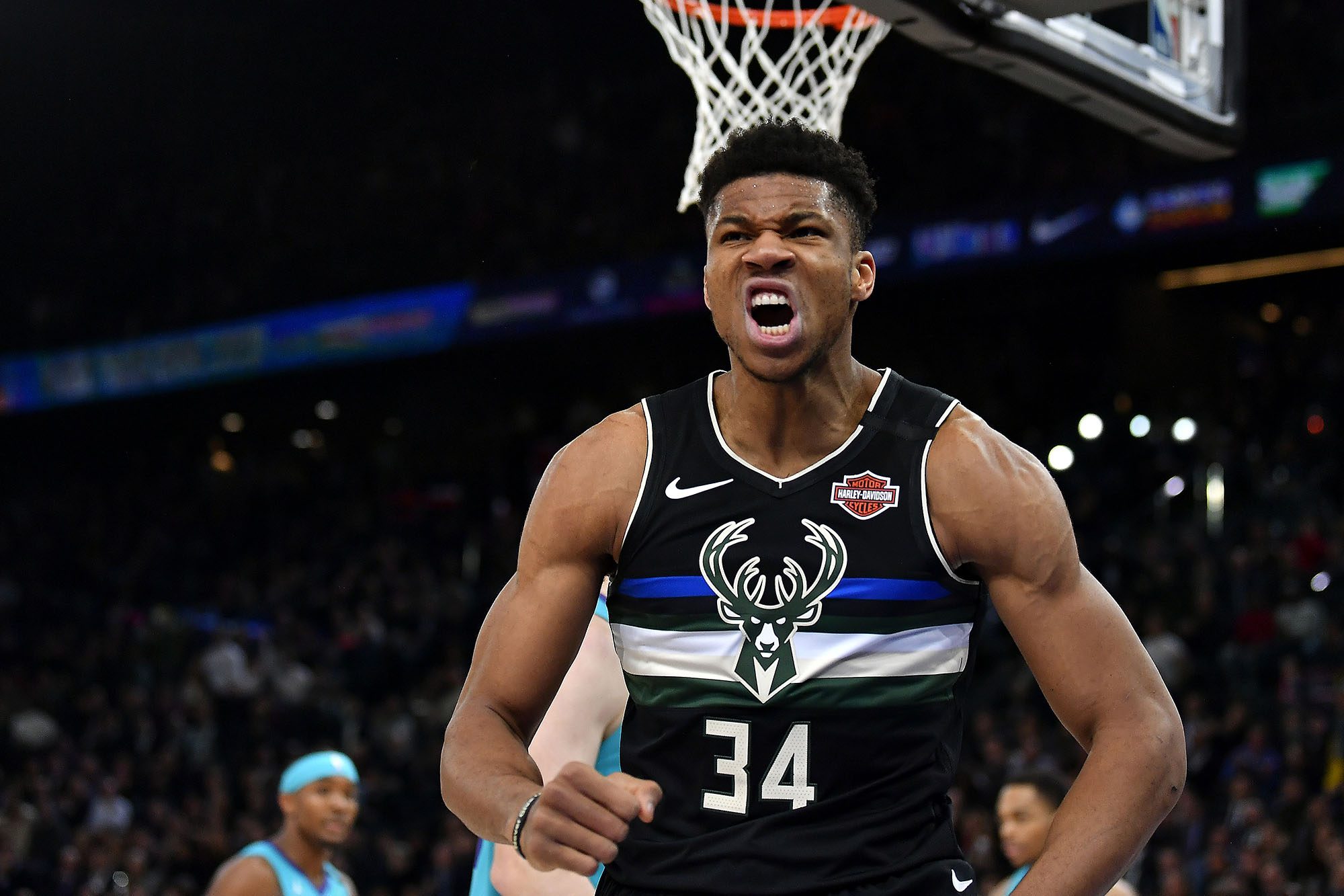 PARIS, FRANCE - JANUARY 24: Giannis Antetokounmpo of the Milwaukee Bucks reacts after a dunk during the NBA Paris Game match between Charlotte Hornets and Milwaukee Bucks on January 24, 2020 in Paris, France. (Photo by Aurelien Meunier/Getty Images)