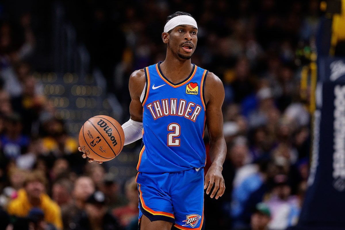 Dec 29, 2023; Denver, Colorado, USA; Oklahoma City Thunder guard Shai Gilgeous-Alexander (2) dribbles the ball up court in the first quarter against the Denver Nuggets at Ball Arena. Mandatory Credit: Isaiah J. Downing-USA TODAY Sports/File Photo Purchase Licensing Rights